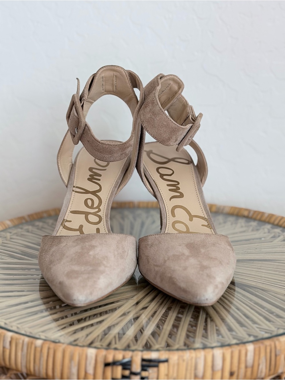 Sam Edelman Taupe Suede Pointed-Toe Ankle-Strap Heels